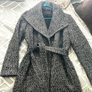 Belted Black/White Herringbone Wool Coat